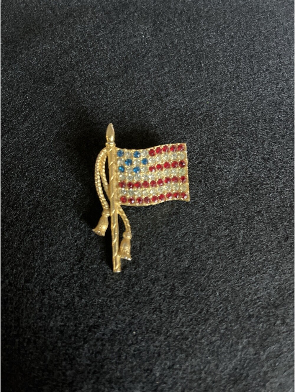Vintage RAFAELIAN Gold-tone American Flag Brooch w Red White Blue Rhinestones